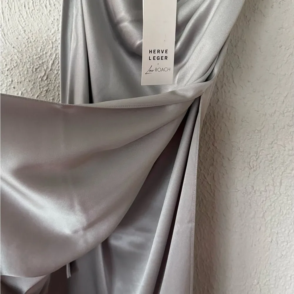 ⭕️ Hervé Léger Draped Asymmetrical Silk Maxi Skirt Silver NEW